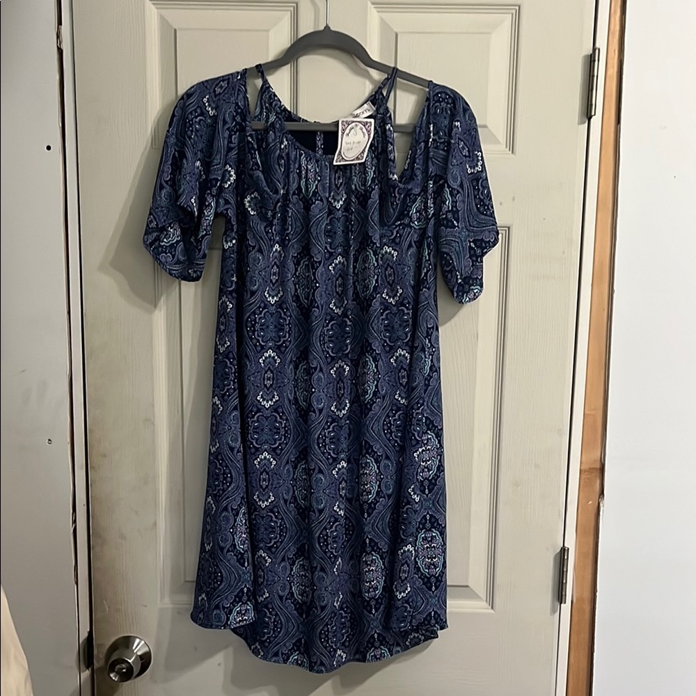 Veronica M Navy and Teal Patterned Dress